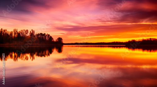 A pink sunset over a lake with trees in the background Generative Ai © Eduardo
