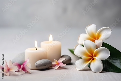 Spa composition with candles and frangipani flower AI Generative