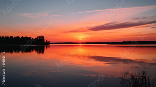Sun setting over a calm lake landscape Generative Ai