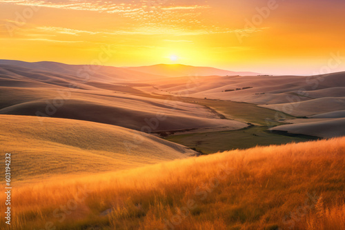 Sun setting over the rolling golden hills Generative Ai