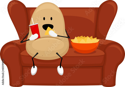 Vector illustration of a cartoon potato seated on a couch, snacking on corn chips and a soda.
