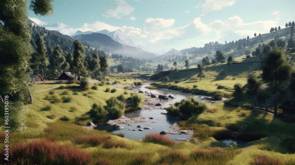 A Beautiful Green Mountain Stream Landscape Wallpaper Generative AI