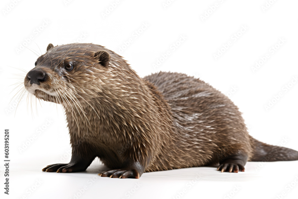 Image of a common otter (Lutra lutra) on a white background. .Wildlife Animals. Illustration, generative AI. Image of a common otter (Lutra lutra) on a white background. .Wildlife Animals. Illustration, generative AI.