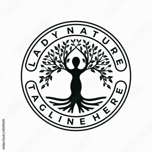lady tree in vintage badge vector template.