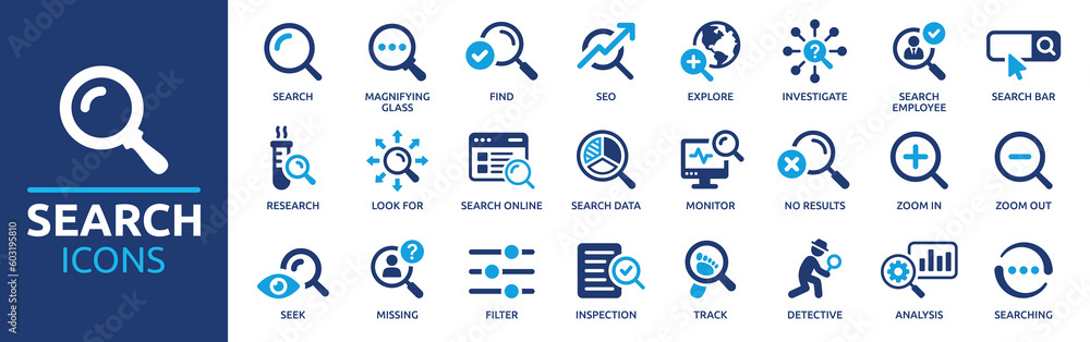 Search icon set. Containing magnifying glass, find, research, SEO and investigate icons. Solid icon collection. Vector illustration. - obrazy, fototapety, plakaty 
