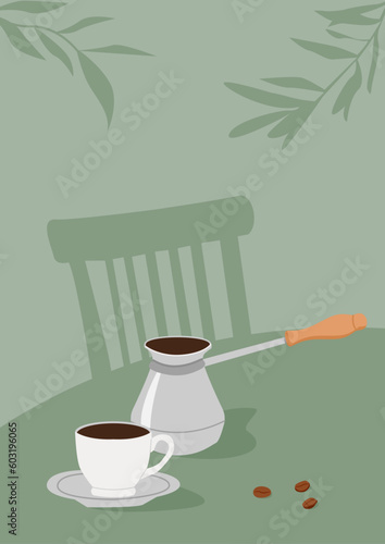 Turkish cezve pot and cup of hot freshly brewed specialty coffee. Alternative coffee brewing methods. Elegant summer scene at cafe. Vector flat style illustration.