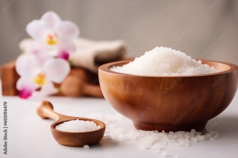 Salt in wooden bowl on the table AI Generative Salt in wooden bowl on the table AI Generative