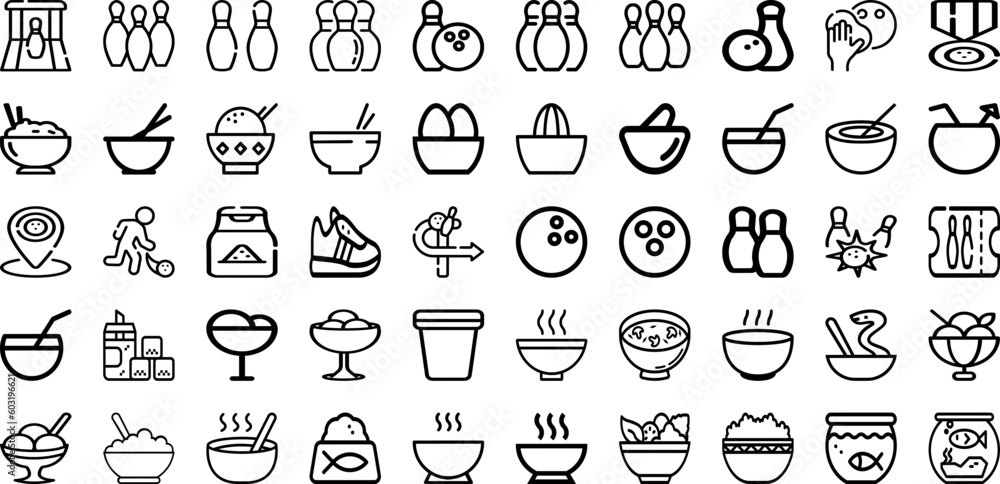 Set Of Bowl Icons Collection Isolated Silhouette Solid Icons Including White, Food, Isolated, Dish, Background, Plate, Bowl Infographic Elements Logo Vector Illustration