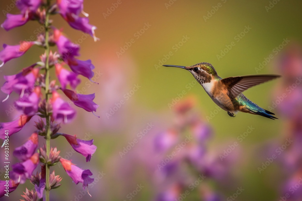 Fototapeta premium Portrait hummingbird flying beside flower AI Generative