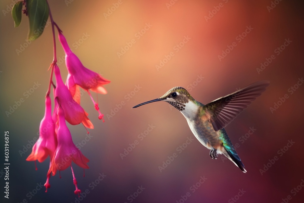 Fototapeta premium Portrait hummingbird flying beside flower AI Generative