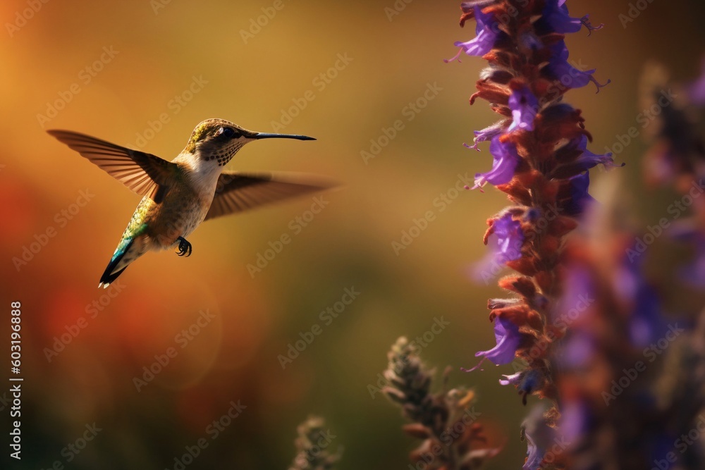 Portrait hummingbird flying beside flower AI Generative Portrait hummingbird flying beside flower AI Generative