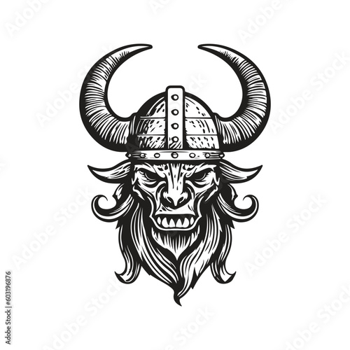 viking monster, vintage logo line art concept black and white color, hand drawn illustration