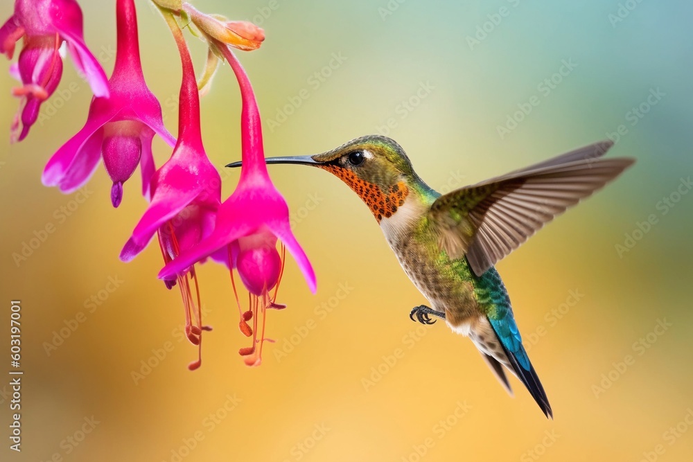 Fototapeta premium Portrait hummingbird flying beside flower AI Generative