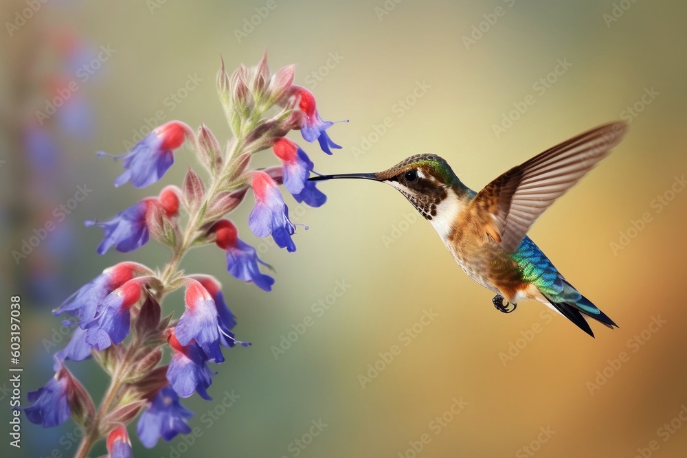 Fototapeta premium Portrait hummingbird flying beside flower AI Generative