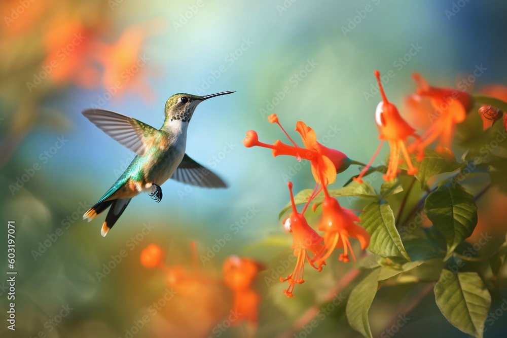 Fototapeta premium Portrait hummingbird flying beside flower AI Generative