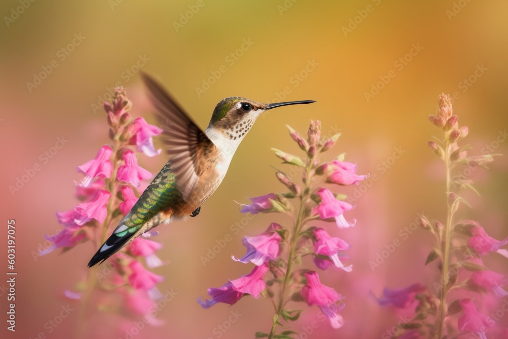 Portrait hummingbird flying beside flower AI Generative