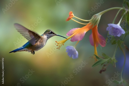 Portrait hummingbird flying beside flower AI Generative