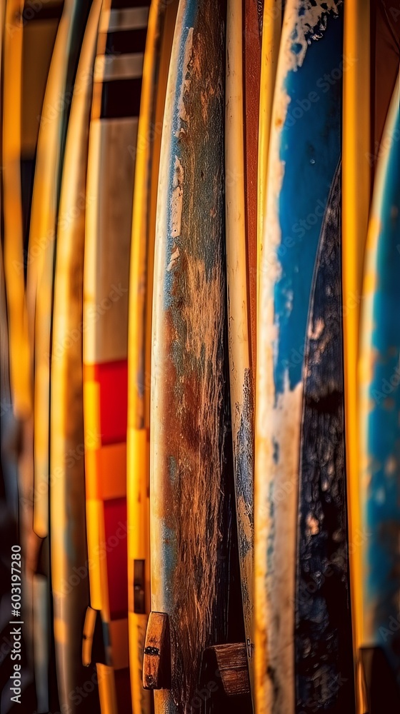 Colorful old surfboards at sunset. Generative AI