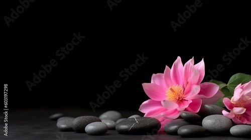 Beautiful Pink Flower with basalt stone on the black background AI Generative
