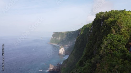 Aerial, Peguyangan Waterfall down a high steep lush Cliff, Nusa Penida Island.
White Rough Waves pounding on Gem-shaped limestone Rocks in a tropical Coastline seascape scenery, Bali - Indonesia photo