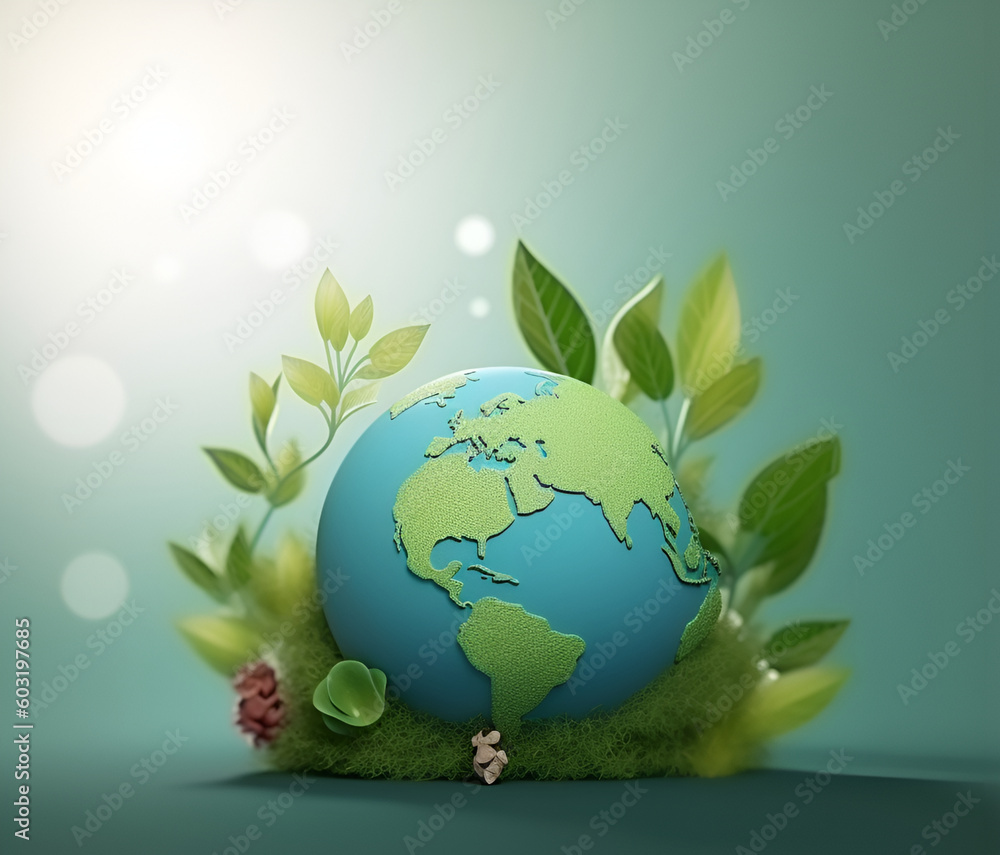 The concept of protecting the Earth is represented by the presence of lush green plants surrounding our planet. It serves as a reminder for people to take care of the environment. 