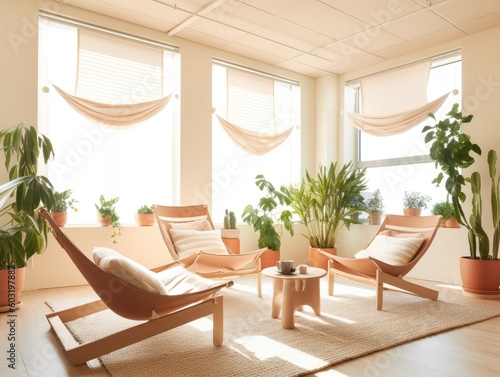 modern co-working spaces, "Relaxing Wellness Corner" relaxing wellness corner within the co-working space, offering a sanctuary for relaxation and self-care © ktianngoen0128