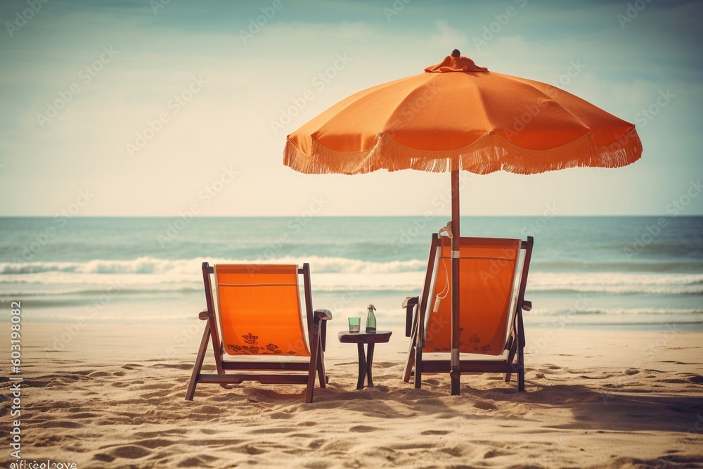 Beach chairs and umbrella on the beach AI Generative Beach chairs and umbrella on the beach AI Generative