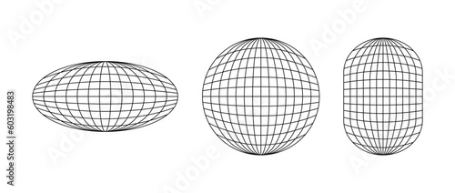 Wireframe shapes. Sphere, ellipse. Globe grid frame elements set. Geometric round net. Outline graphic design collection. Vector