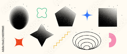 Set of dissolving shapes. Fading square, pentagon, star, rectangle, ellipse primitives collection. Figures with halftone dust gradient. Geometric elements made of particles, speckles, specks. Vector