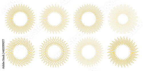 Golden sunburst frames collection. Retro gold sun light rays pack. Vintage radial rays, sunbeams, firework or explosion for emblem, logo, tag, stamp, banner, sticker. Vector design elements 