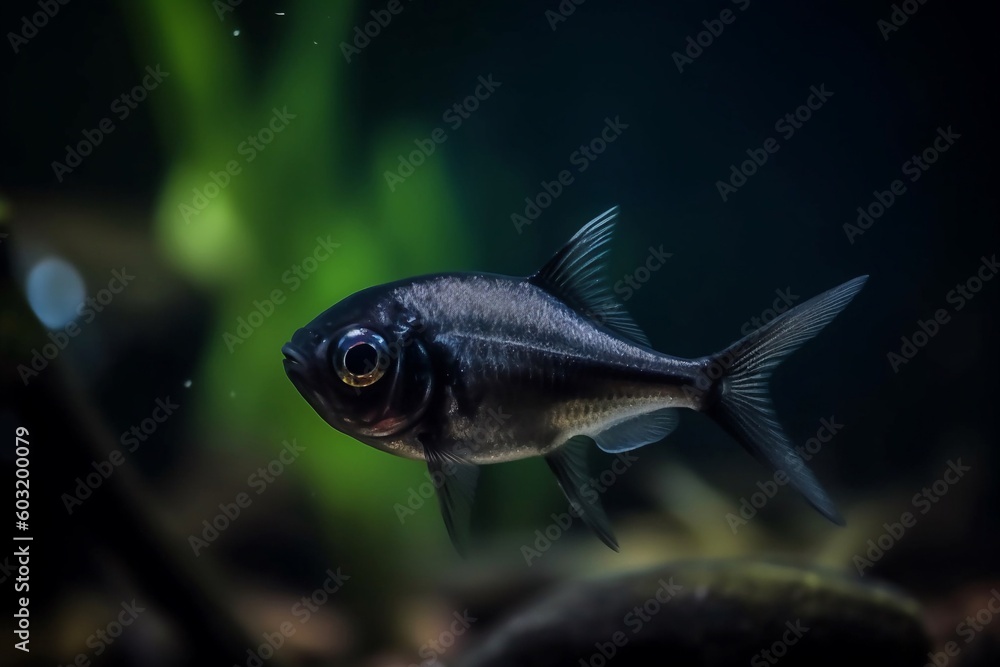 Fototapeta premium Portrait black tetra fish in the aquarium AI Generative