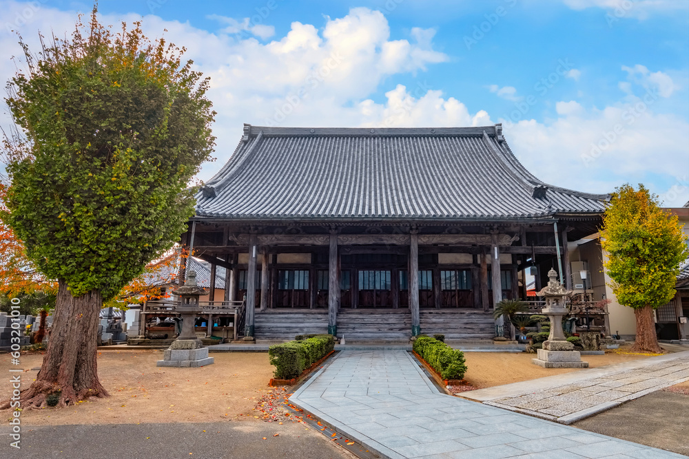 Nakatsu, Japan - Nov 26 2022: Myoren-ji Temple situated a little south of the center of the Tera-machi district