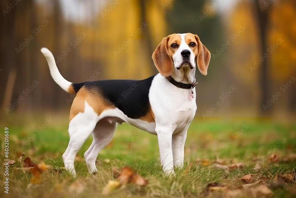 cute beagle looking at the camera in the park on the grass, pet photography