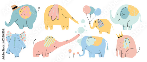 Set of cute elephants vector. Adorable wild life elephant in different poses, happy, sitting, balloon, crown, flower. Happy wild animals illustration design for education, kids, poster, stickers.