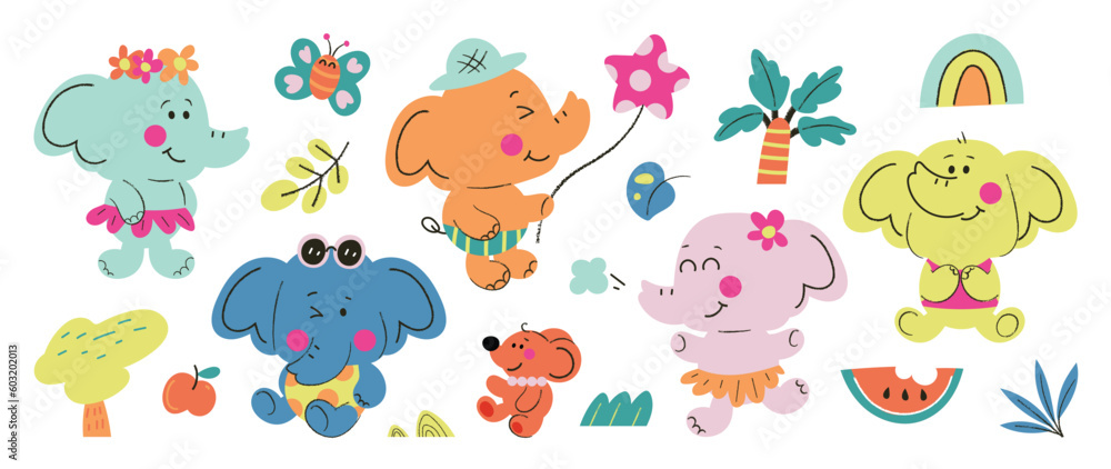 Fototapeta premium Set of cute elephants vector. Adorable wild life elephant in different poses, happy, sitting, butterfly, star, flower. Happy wild animals illustration design for education, kids, poster, stickers.