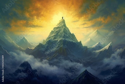 An awe-inspiring illustration depicts a lone figure standing amidst majestic mountains. The solitary person exudes strength and contemplation, surrounded by the grandeur of nature. Generative AI