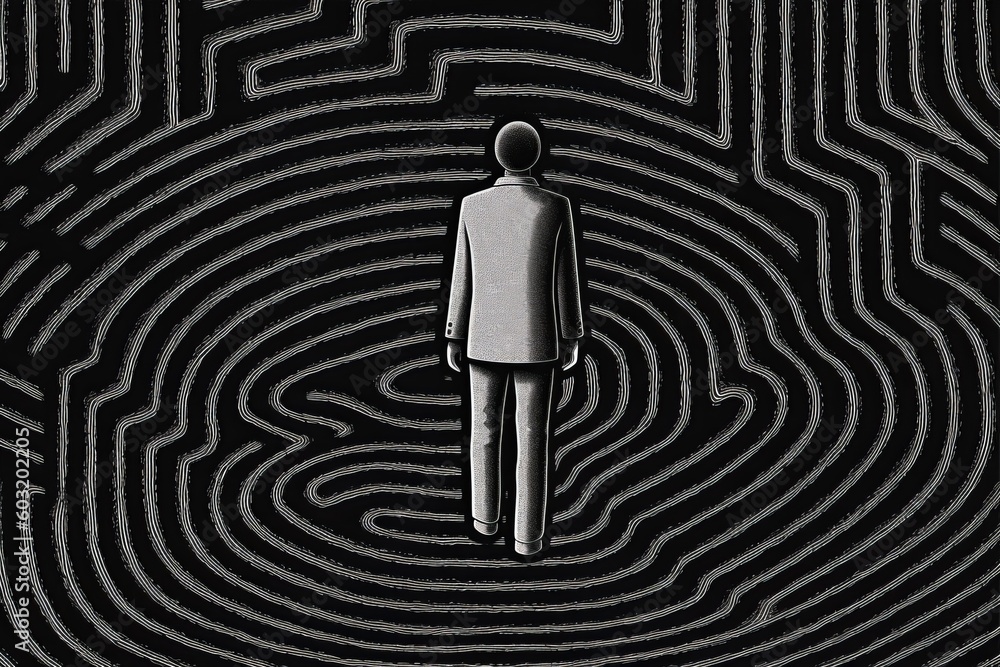 Minimalist logo design featuring a sparse and flat aesthetic. Depicts a man walking into a doorway of a brain, opening the path to a surreal and maze-like universe. Generative AI Minimalist logo design featuring a sparse and flat aesthetic. Depicts a man walking into a doorway of a brain, opening the path to a surreal and maze-like universe. Generative AI