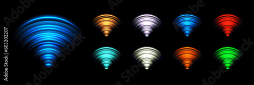 Wi-Fi light effect, Blue, white, red, silver and gold neon signal sensor waves internet wireless connection. Wireless technology digital radar or sonar with glowing light effect. Vector