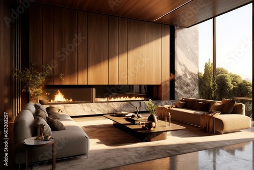 a modern living room with a fireplace that is made of wood. Generative AI