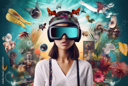 glasses woman abstract vr blue travel future virtual reality technology digital. Generative AI.