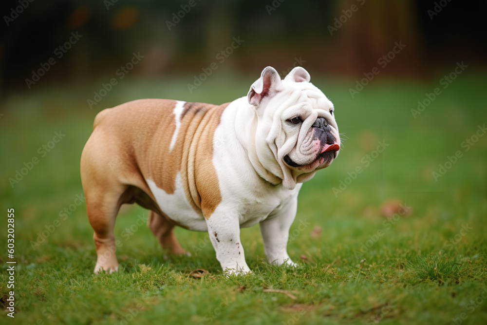 english bulldog in the park on the grass, pet photography