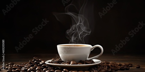 Coffee Delight. Hot Espresso in a White Cup and coffee beans on a Black Background. Generative AI illustrations.