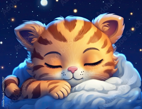 Adorable baby tiger snuggle, kids, children, wall art, painting. Generative AI