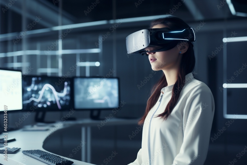 woman glasses concept headset digital technology business future virtual game line. Generative AI. woman glasses concept headset digital technology business future virtual game line. Generative AI.