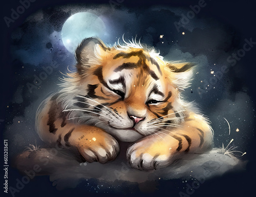 Adorable baby tiger snuggle  kids  children  wall art  painting. Generative AI