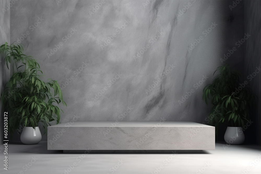 Fototapeta premium Landscape layout 3d rendering empty mockup scene of concrete texture podium for the product template, generative ai