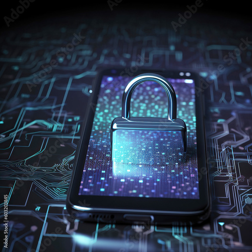 Ai generated illustration of mobile phone creative glowing digital padlock hologram on blurry dark background. Secure, safety and protection concept