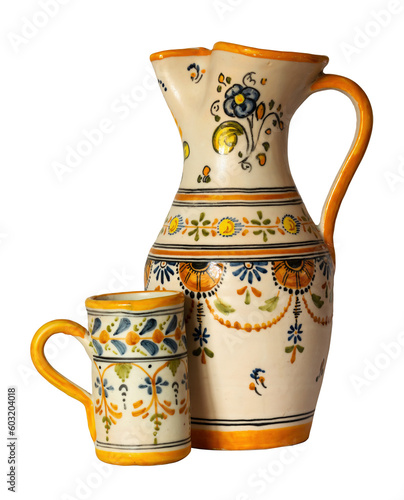 French pitcher, Ceramic Jug or Water Cruche with a mug, ornate with provencal decoration, isolated on white background