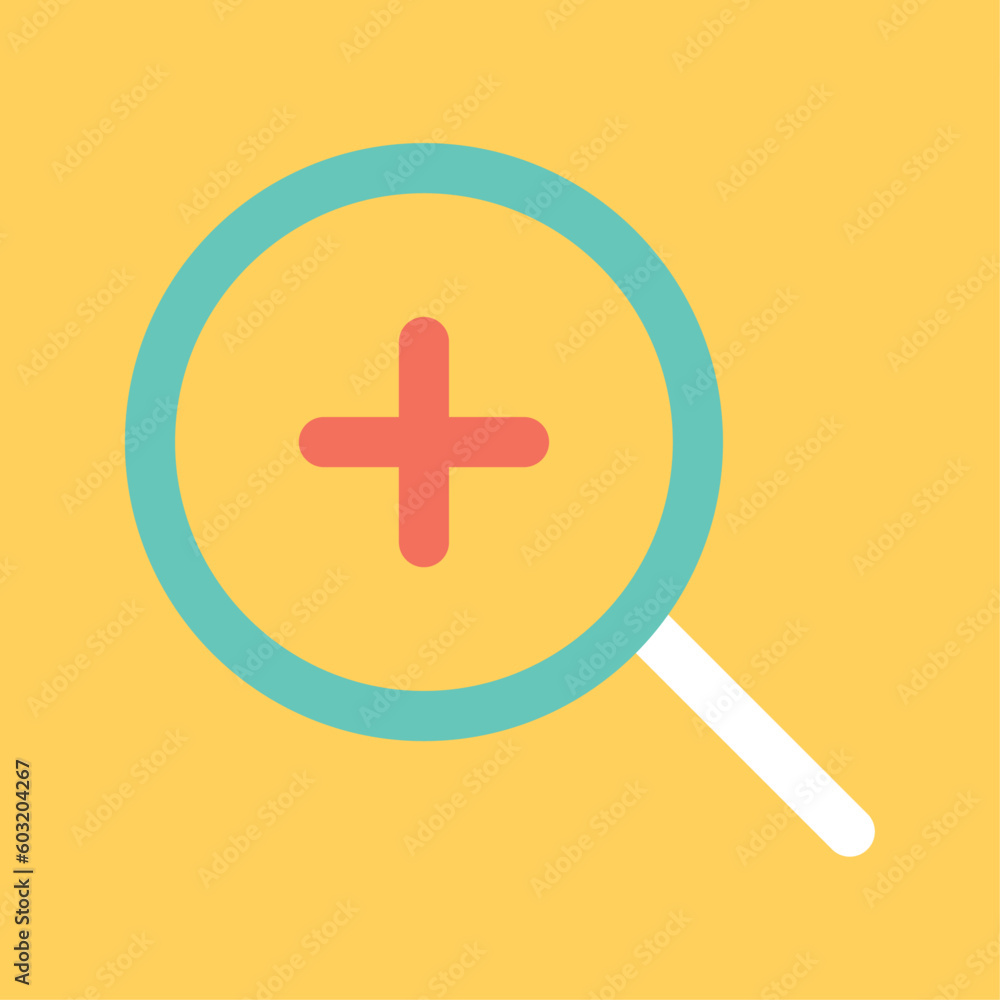 Obraz premium A yellow background with a blue plus sign and magnify glass