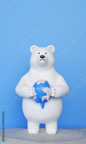 3d Baer hold melt planet. Global warming problem concept. melting polar ice problem. save the planet. 3d rendering illustration.